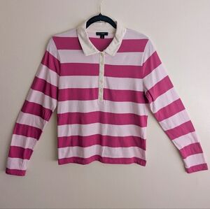 J.Crew Old Money Sporty Preppy Pink Rugby Stripe Long Sleeve Polo T-Shirt